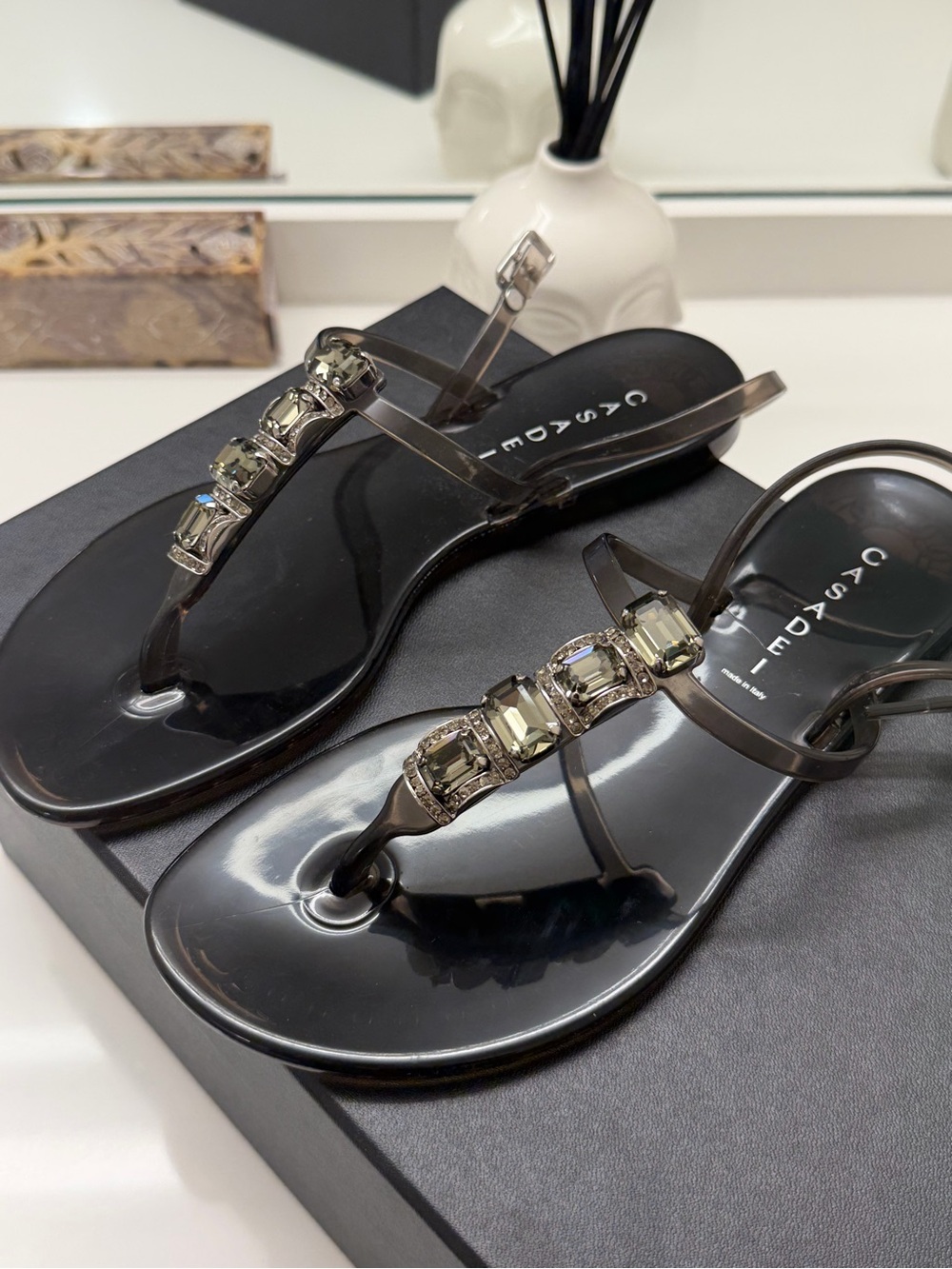 Casadei Black Jelly T-Strap Sandals with Smoky Crystal Accents